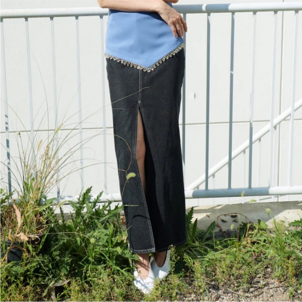 NOMIA NYC Designer Sz 10 Slit Front Maxi Jean Skirt In Black Stonewash NW…
